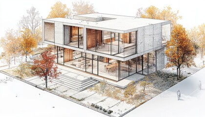Isometric architectural projection of the CLB 4 exterior, with a clear view of the ground floor plan and features.