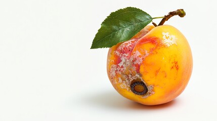 Rotten fruit with a leaf, white isolated background
