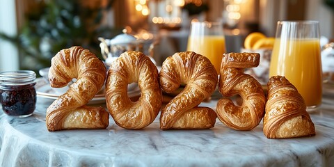 2025 New Year Typography from 3D Buttery Croissants, Flaky Golden Letters with Chocolate Drizzle, Breakfast Table with Fresh Orange Juice and Jam Jars