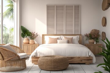 Bright bedroom with wooden bed, wicker chair, and tropical plants.