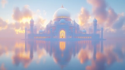 Majestic white mosque reflected in calm water at sunset.