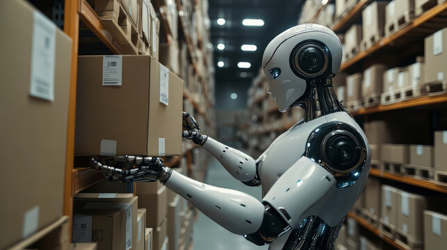 The humanoid robot in the warehouse is organizing goods