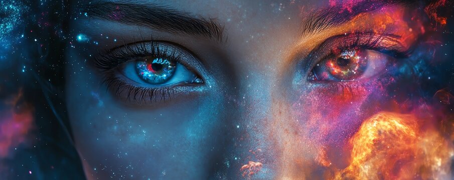 cosmic fantasy portrait of a woman, colorful nebula paint around her face, closeup of intense eyes, abstract surrealism, spacethemed art