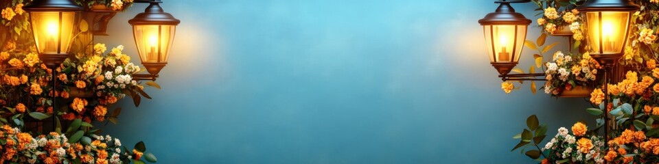 Fototapeta premium Enchanting Garden Lanterns Illuminating Vibrant Floral Border with Soft Blue Sky Background Perfect for Tranquil Evening Ambience and Romantic Outdoor Decor