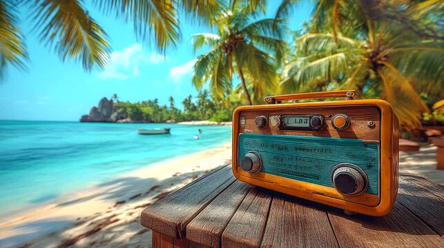 A vintage radio on a wooden table by a tropical beach with palm trees and clear water. Seamless looping 4k video background 