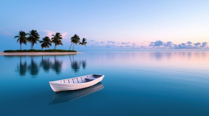 A small white boat sits in the middle of a large body of water