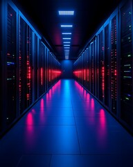 Neon-lit server room corridor.