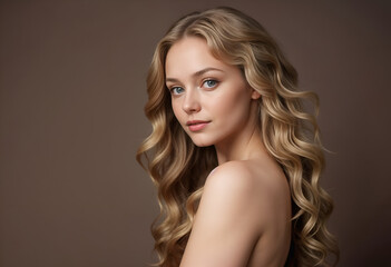 Naklejka premium A beautiful blonde woman with long, curly hair and flawless skin poses against a brown background. Shes wearing a brown dress strap and has elegant makeup. Her gaze is captivating.