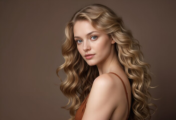 Beautiful Blonde Woman with Long Wavy Hair, Studio Portrait, Skincare, Beauty, Fashion