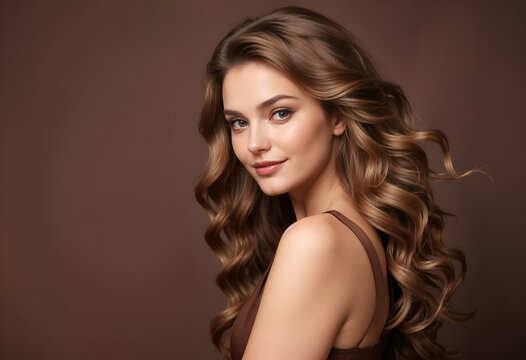 Beautiful glamorous model woman with long wavy and shiny hair against brown studio wall banner background