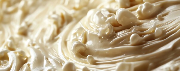 Milky white chocolate cream closeup, smooth and velvety, soft lighting, rich texture, glossy finish, perfect dessert element, focus on creaminess and indulgence