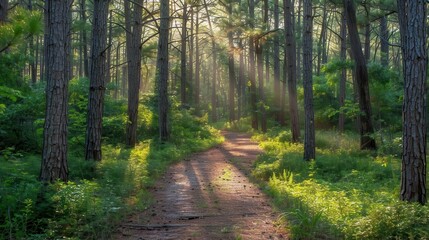 Fototapeta premium A serene forest path illuminated by sunlight filtering through tall trees.