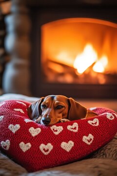 Hundek&ouml;rbchen mit Herzen vor Kaminfeuer