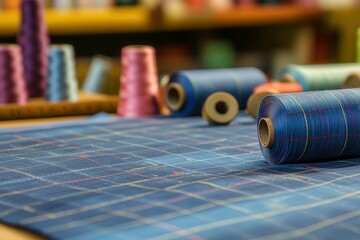 Tailor Expertly Marking Fabric With Chalk in a Vibrant Sewing Room Filled With Colorful Spools and Tools. Generative AI