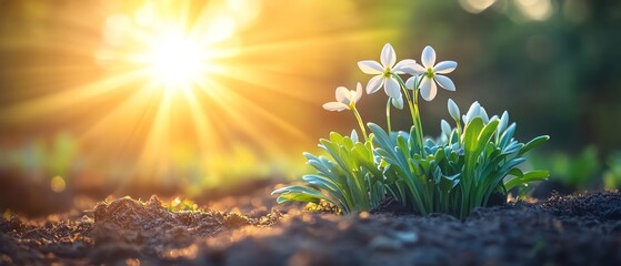 Fototapeta premium spring snowdrops, white delicate flowers with blurred background, beautiful sun rays and sun spikes shining through, vibrant natural setting