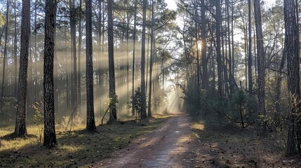 Fototapeta premium A serene forest path illuminated by sunlight filtering through tall trees.