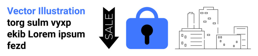 Blue padlock, downward SALE arrow, and outlined buildings. Ideal for security systems, real estate, online platforms, property management, urban planning, marketing campaigns, and business