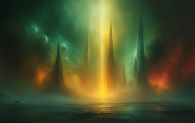 Ethereal alien landscape with glowing towers and celestial bodies.