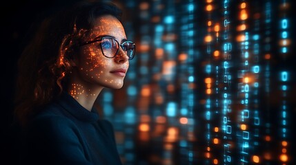 Woman gazing at futuristic digital code.