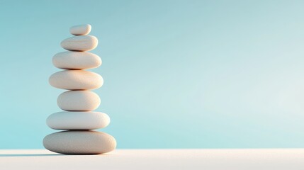 A serene stack of smooth, white stones against a minimalist background, symbolizing balance and tranquility.