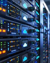 A close-up view of server racks with cloud icons and LED indicators.