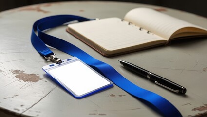 Blank Identification Badge Notebook Pen Lanyard on Table
