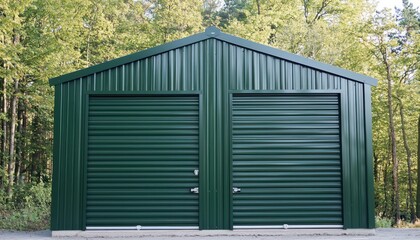 Metal Storage Shed: A sturdy green metal storage shed with two large roll-up doors, situated in a tranquil outdoor setting, ideal for garden tools and outdoor storage.