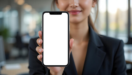 A cell phone with a clean white screen, showing a woman with tied hair wearing a black business suit