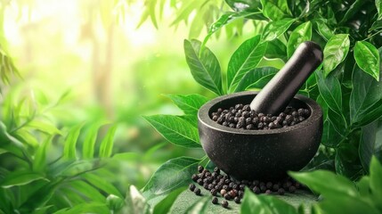 Close-Up of Black Pepper Seeds in a Mortar Surrounded by Fresh Green Leaves