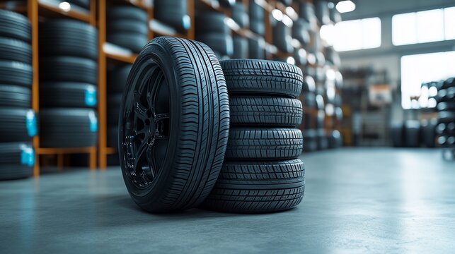 A stack of four black tires in a tire shop, showcasing automotive products.