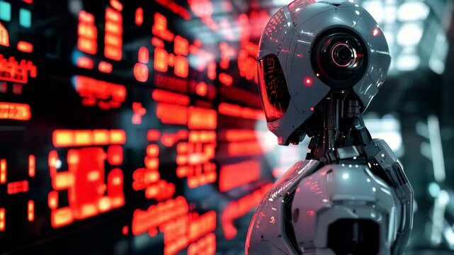 A robot is standing in front of the stock trading board, displaying real-time global financial data and high-tech style wallpaper