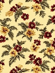 Vibrant Floral Pattern with Tropical Flowers on a Soft Yellow Background