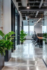 Obraz premium Modern Open Office Space with Natural Light, Ergonomic Furniture, and Glass-Walled Meeting Rooms