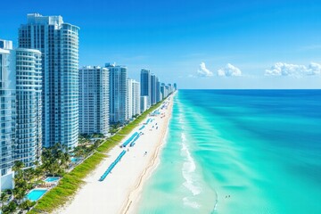 Obraz premium Discover the vibrant beach life in sunny Miami with clear blue skies and stunning ocean views on a perfect day. Generative AI