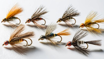 Colorful Fly Fishing Flies Arranged on White Background