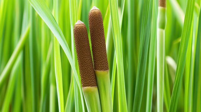 Close-up View of Green Grass and Brown Catail Plants in Natural Habitat