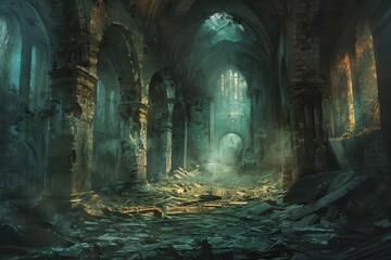 Mysterious ancient temple ruins in disrepair with glowing green light