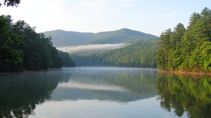 Fototapeta premium Serene Lake Reflection Surrounded by Lush Green Forest and Mountains
