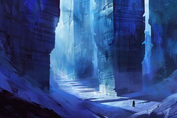 Mysterious blue icy canyon landscape with a distant figure