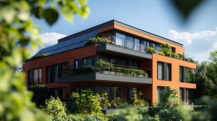 Professional architectural photograph of contemporary residence featuring solar panels on sloped roof, red brick facade, and sustainable energy elements framed by green trees under blue sky.