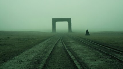 Mysterious Foggy Landscape with Archway and Figure in Dark Cloak