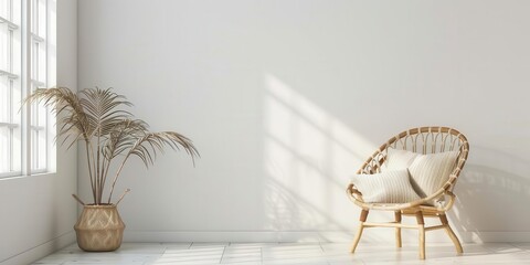 A serene indoor space featuring a rattan chair and a potted plant with natural light.