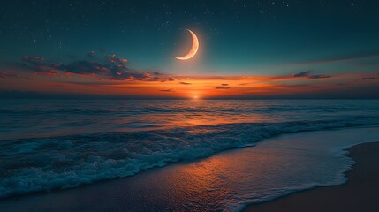 Fototapeta premium Cinematic nighttime beach landscape featuring crescent moon in dark sky, gentle waves meeting sandy shore, starlit atmosphere, and moonlight reflections creating peaceful coastal scenery.