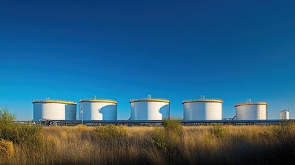 Obraz premium An industrial landscape featuring large storage tanks and pipelines under a clear blue sky demonstrating the scale of the petroleum storage facilities