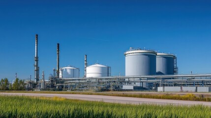 An industrial landscape featuring large storage tanks and pipelines under a clear blue sky demonstrating the scale of the petroleum storage facilities