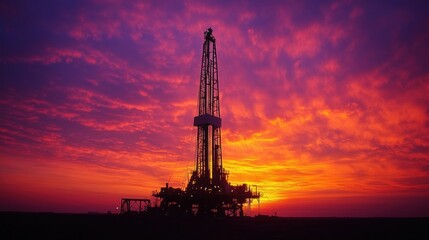Obraz premium A drilling rig silhouetted against a colorful sunrise with workers preparing for the day emphasizing the early morning hustle in oil extraction