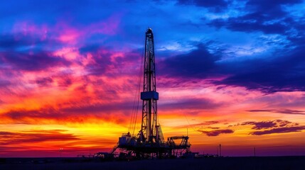 Fototapeta premium A drilling rig silhouetted against a colorful sunrise with workers preparing for the day emphasizing the early morning hustle in oil extraction