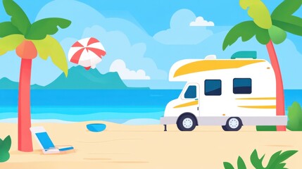 Colorful RV on a Tropical Beach with Palms and Sunny Skies