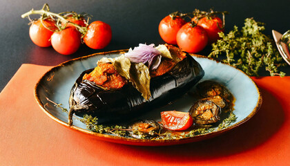 Imam Bayildi - Turkish Cuisine - Close-up of the vibrant colors and textures of a plate of Imam Bayildi, highlighting the stuffed eggplants with tomatoes, onions, and herbs