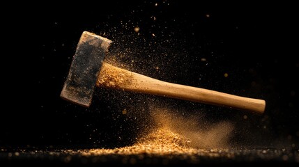 A wooden mallet striking a surface, creating a cloud of dust and particles.